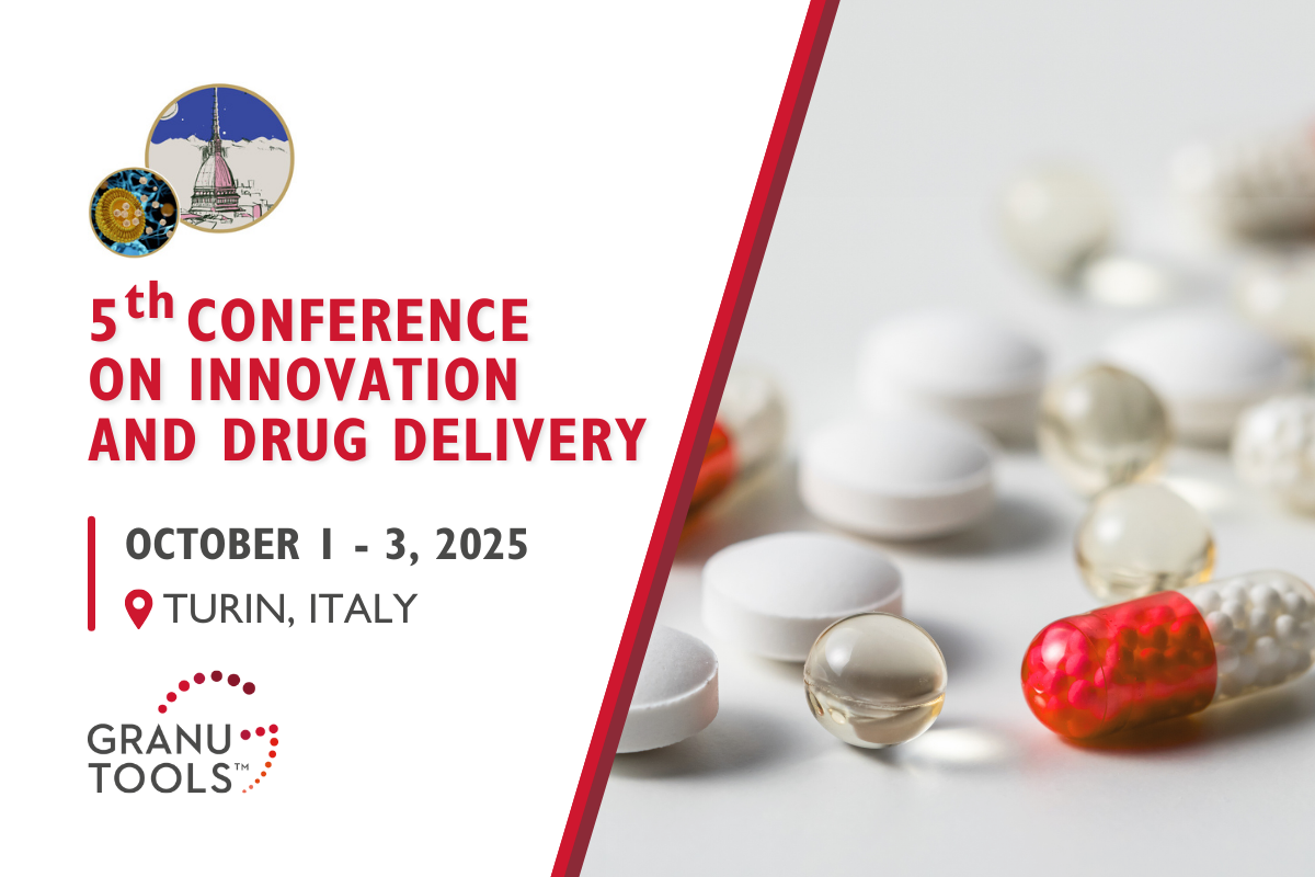 banner of Granutools to share that Granutools will attend 5th Conference on Innovation in Drug Delivery from October 1 to 3 in Turin, Italy